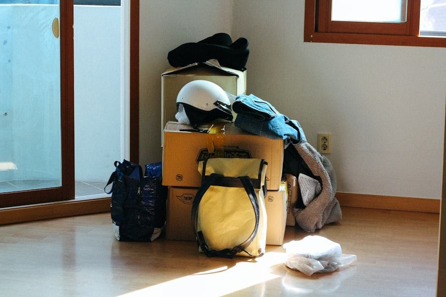 Packed boxes and bags ready for moving day in a sunlit room