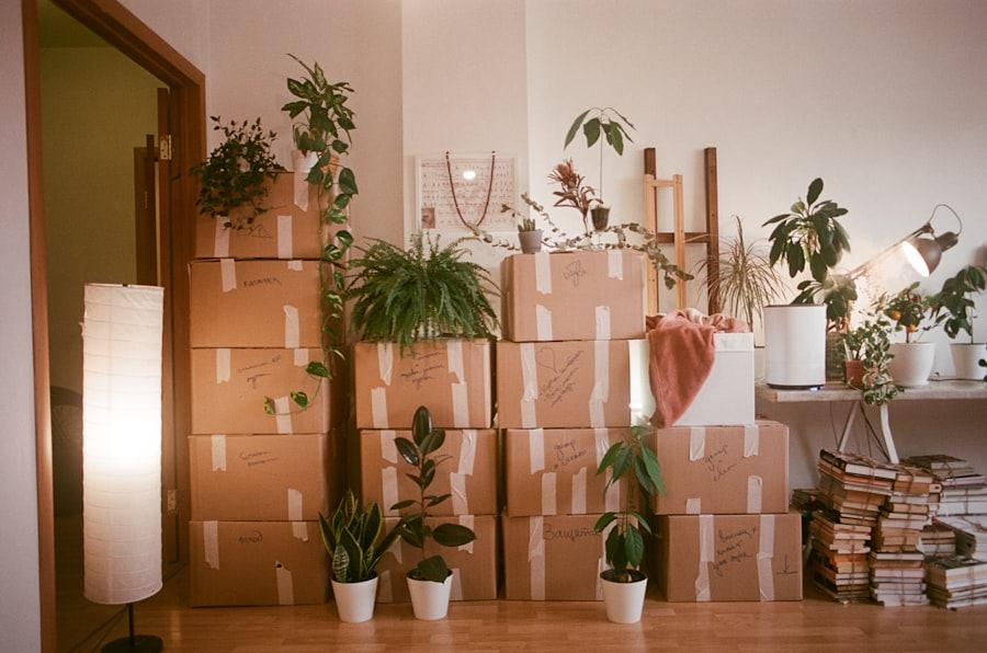 Labelled moving boxes stacked inside a home